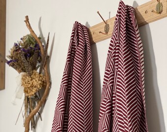 claret red and white cotton Turkish bath towel and picnic blanket