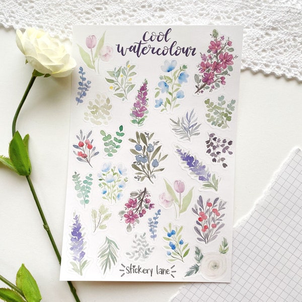 cool watercolour florals sticker sheet | stickers for bullet journal and scrapbook