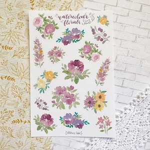 watercolour purple autumn florals sticker sheet | stickers for bullet journal and scrapbook