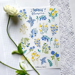 d'autocollants de fleurs de griffonnage | thème bleu et jaune | stickers pour bullet journal et scrapbooking