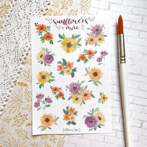 feuille d'autocollants tournesols aquarelle | autocollants pour bullet journal et scrapbooking