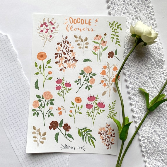 Doodle Flowers Sticker Sheet Warm Theme Stickers for Bullet Journal and  Scrapbook 