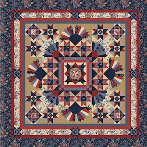 May include: A detailed quilt with a central starburst design, surrounded by geometric patterns in red, navy, and tan. The quilt features floral borders and the text "VICTORY garden". Finished size is 108" square.