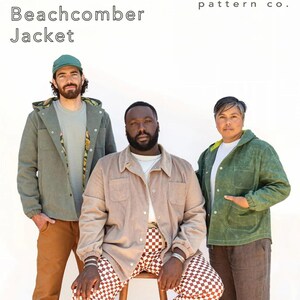 May include: Three people modeling The Beachcomber Jacket. The person in the center is wearing a tan corduroy shirt and checkered pants. The other two are wearing green jackets. The text "FRIDAY pattern co." is at the top.