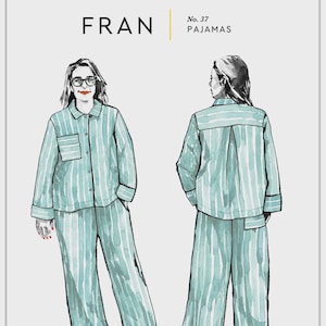 May include: Illustration of a pajama set with a button-down shirt and pants, in a watercolor style. The pajamas are light blue with vertical white stripes. The image includes the text "FRAN" and "No. 37 PAJAMAS" and "Closet Core PATTERNS".