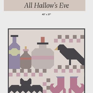May include: A square Halloween-themed design with the text "All Hallow's Eve" above. The design features stylized illustrations of bottles, a crow, a bat, and witch boots. The dimensions are 40" x 37".