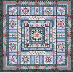 May include: A colorful Mayfair quilt pattern design with a central floral motif and geometric borders. The quilt features a variety of colors including pink, green, blue, and purple. The King Finish is 108" square. The design includes the text "Wing and a Prayer design" and "MAYFAIR".