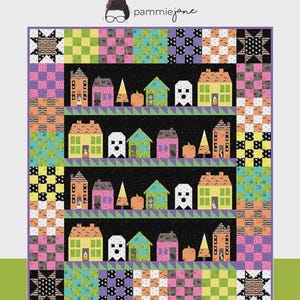 May include: A colorful quilt pattern titled "DEAD END" featuring a whimsical neighborhood design. The quilt showcases houses, trees, and pumpkins against a starry night sky. The quilt measures 56" x 64" and is described as a "HAUNTINGLY SWEET FOUNDATION-PAPER-PIECED NEIGHBORHOOD."