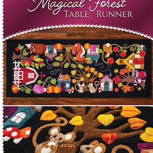 May include: A black table runner with a whimsical forest design. The runner features a tree with colorful leaves, houses, and various woodland creatures like squirrels and mice. The text "Magical Forest Table Runner" is at the top.