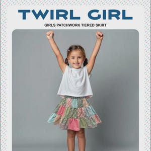 May include: A young girl wearing a white tank top and a patchwork tiered skirt. The skirt features squares of pink, green, and blue fabrics. The text "TWIRL GIRL" and "GIRLS PATCHWORK TIERED SKIRT" are at the top of the image. The brand logo "m&m MELLEY AND ME" is at the bottom.