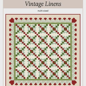 May include: A multi-sized quilt design with the text "Vintage Linens." The quilt features a cream-colored background with a repeating pattern of red and green squares and star-like shapes. The border is a mix of red, green, and cream colors. The design is by Lamb Farm Designs.
