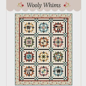 May include: A quilt pattern titled "Wooly Whims" featuring a patchwork design with sheep and star motifs. The quilt has a floral border and is made with Marcus Fabrics. The Lamb Farm Designs logo is visible.