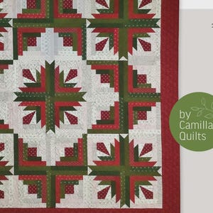 May include: A handmade quilt with a repeating pattern of red, green, and white blocks. The quilt features a 'cactus in the cabin' design, with dimensions of 85" x 85" and 104" x 104". The quilt is made by Camilla Quilts.