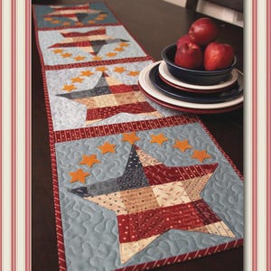 May include: A patchwork patriotic table runner with star and stripe patterns in red, white, and blue. The runner is on a dark brown table, with a bowl of red apples and plates nearby. The text "Shabby Fabrics" is at the top.