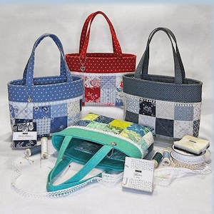 May include: Image of several mini tote bags in various colors and patterns, including blue polka dots, red floral, and gray patchwork. The bags are approximately 7 inches tall, 10 inches wide, and 3 inches deep. The text "Mini-Charming Tote Bag" is at the top.