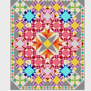 May include: A colorful quilt with a geometric pattern. The quilt features a central starburst design in shades of orange, yellow, and gray, surrounded by pink, blue, and green squares. The quilt measures 68 inches by 85 inches.