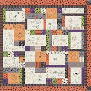May include: A Halloween-themed quilt featuring a patchwork design with various cat illustrations in a whimsical style. The quilt incorporates orange, black, purple, and green fabrics, with the text "Postcard Cuties for Halloween" at the bottom.