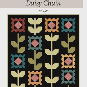 May include: A black quilt with a daisy chain pattern. The quilt features square blocks with floral designs in shades of pink, orange, teal, and green. The quilt measures 51 inches by 67 inches.