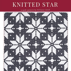 May include: A quilt pattern titled "KNITTED STAR" by Brittany Lloyd. The design features a repeating pattern of white star shapes on a dark gray background. The pattern is suitable for wall hangings, throws, and beds. The Lo & Behold Stitchery logo is also visible.