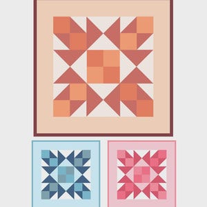 May include: A Go-To Quilt design, 24" x 24", with a geometric pattern in shades of orange, peach, and white. Below are two additional quilt designs in blue and pink. The text reads "Car seat cover, table topper, pillow, baby play mat, & more!"