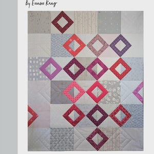 May include: A quilt pattern titled "Ruby" by Eunser Kang. The quilt design features a repeating pattern of diamond shapes in shades of red, pink, and purple, set against a background of gray and white squares. The website www.sewingparty.com is also visible.