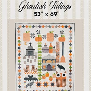 May include: A Halloween-themed quilt with the text "Ghoulish Tidings" and dimensions of 53" x 69". The quilt features pumpkins, a haunted house, bats, an owl, and a graveyard. Designed by Jennie Jo Lamb, EST. 2016, Lamb Farm Designs, Made in the USA.