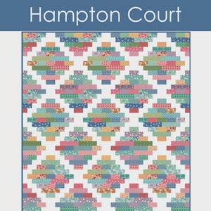 May include: A colorful quilt pattern titled "Hampton Court" with a repeating geometric design. The quilt features various fabric patterns in shades of pink, blue, green, and orange. The text "Busy Hands Quilts" and "Includes 4 Sizes!" is also visible.