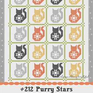 May include: A quilt pattern featuring cat silhouettes in various colors, including gray, orange, yellow, and black, each with a star design. The quilt is labeled "#212 Purry Stars" and "Coriander Quilts by Corey Yoder."