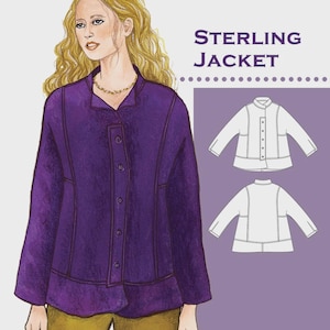 May include: Image of a sewing pattern for a "Sterling Jacket" from "The Sewing Workshop." The pattern features a drawing of a purple jacket with a button-up front and a diagram of the jacket's design.