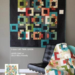 May include: A modern quilt pattern titled "BLOCKSTEP" with a black background and colorful square-in-square blocks. The quilt is displayed on a wall, with a smaller version and a folded quilt visible. The text indicates it is available in three sizes: Lap, Twin, and Queen.