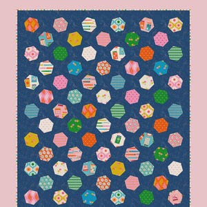 May include: A quilt pattern titled Dancing Hexies by Sew Mariana on a light pink background. The design features a dark blue field scattered with numerous colorful, patterned hexagonal shapes. Text includes Precut Friendly and No Y Seams.
