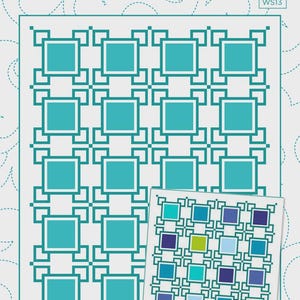 May include: A quilt pattern design titled "Squares Surrounding Squares" with a finished quilt size of 71" x 87" and a finished block size of 15" x 15". The design features a repeating pattern of teal squares and lines on a white background.