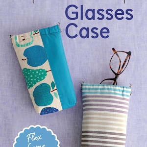 May include: Two squeeze clasp glasses cases. One case has a blue and white fruit pattern, the other has horizontal stripes in blue, tan, and purple. The text reads "Squeeze Clasp Glasses Case".