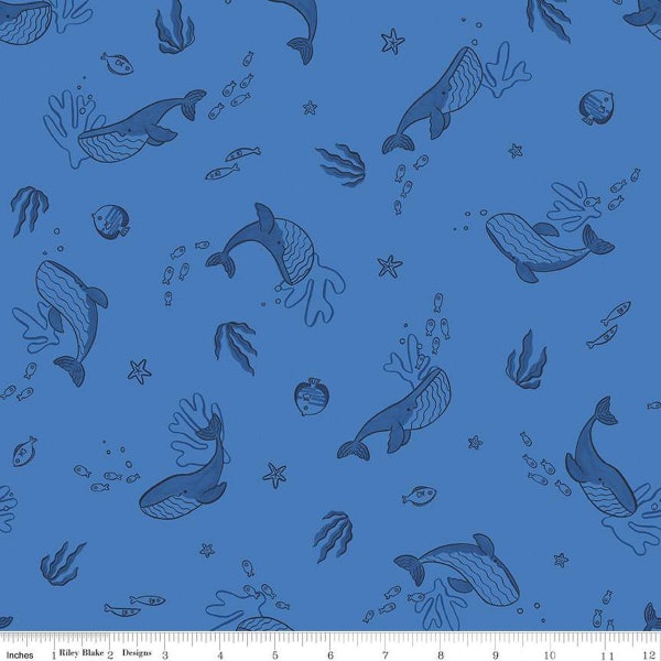 Lost at Sea WHALES AZURE Blue | BTY BtHY Yard 1/2 Yard | Riley Blake Designs | Ocean Starfish Schoolfish Seaweed Summer Beach C13402 | Rusty