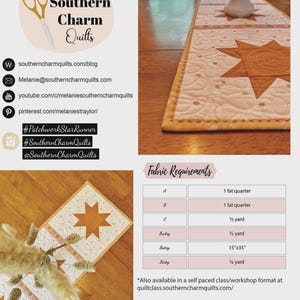 K&ouml;nnte beinhalten: Gesteppter Tischl&auml;ufer mit einem Sternmuster in Beige- und Cremet&ouml;nen. Der L&auml;ufer ist ca. 38 cm x 89 cm gro&szlig;. Das Bild enth&auml;lt auch Text f&uuml;r "Southern Charm Quilts" und Stoffanforderungen.