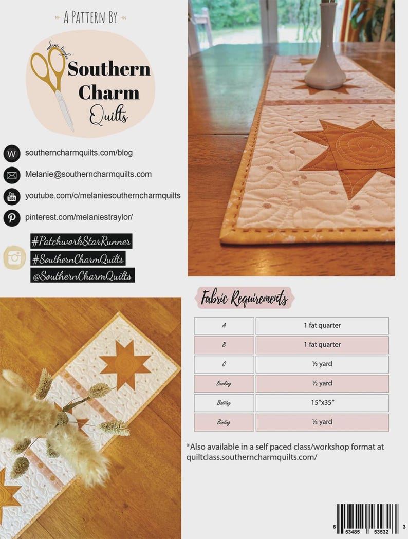 K&ouml;nnte beinhalten: Gesteppter Tischl&auml;ufer mit einem Sternmuster in Beige- und Cremet&ouml;nen. Der L&auml;ufer ist ca. 38 cm x 89 cm gro&szlig;. Das Bild enth&auml;lt auch Text f&uuml;r "Southern Charm Quilts" und Stoffanforderungen.