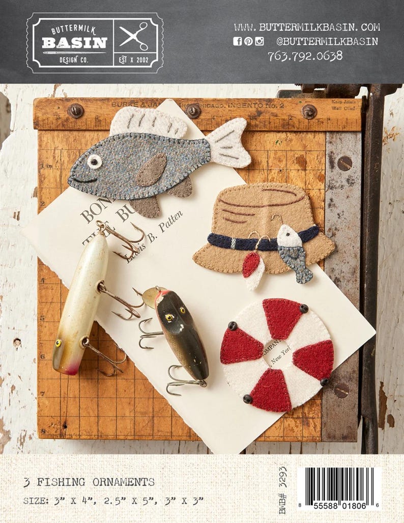 May include: A collection of three fishing-themed ornaments. Includes a felt fish, a hat with a fish charm, and a red and white life preserver. The ornaments measure approximately 3" x 4", 2.5" x 5", and 3" x 3".