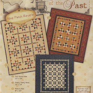 May include: Image of a quilt pattern titled "Tokens of the Past" featuring three quilt designs: "Four Around Nine" (22" x 26"), "Starry, Starry Nines" (23" x 29"), and "Nines in Blue" (18" x 20"). The designs include star and square patterns in various colors.