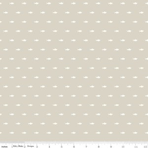 May include: A seamless fabric pattern featuring a repeating design of white stylized fish silhouettes on a light beige background.