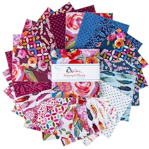 POPPIES AND PLUMES Stacker 5&quot; Charm Pack | Riley Blake Designs | Floral Purple Summer Painterly Feathers Geometric | Lila Tueller