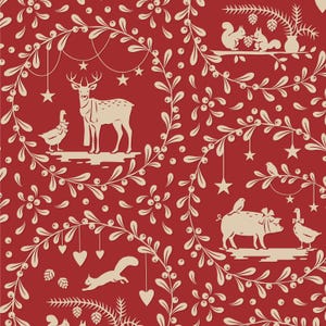 May include: A repeating pattern featuring a festive design with a red background and cream-colored illustrations. The pattern includes deer, squirrels, birds, pigs, and decorative foliage with hanging stars and hearts. The overall theme is holiday or seasonal.