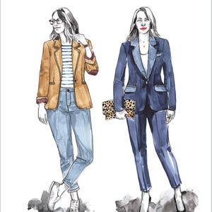 May include: Watercolor illustration of two women wearing blazers. One wears a tan blazer with a striped shirt and jeans, the other a navy blazer with matching pants. The text reads "JASIKA No. 17 BLAZER" and "Closet Core PATTERNS".