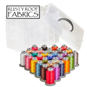 May include: A clear plastic storage box with a handle, filled with 30 spools of colorful embroidery thread. The box is labeled "RUSTY ROOF FABRICS".