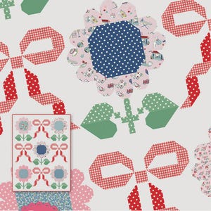 May include: A quilt pattern titled Bows in Bloom featuring a repeating design of fabric bows and floral shapes in red, pink, green, and blue. The pattern includes a small inset image of the finished quilt and the text Fat Quarter Friendly.