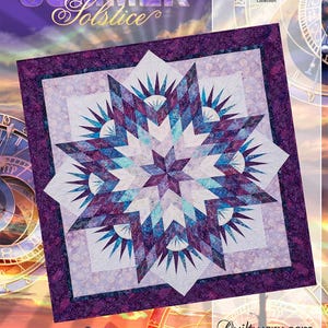 May include: A quilt pattern with a starburst design in shades of purple, blue, and white. The words "Summer Solstice" are at the top, and "Timeless Treasures" is also visible. The quilt is a foundation paper piecing project.