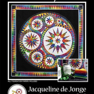 May include: A colorful quilt pattern with a central circular design featuring starbursts and geometric shapes in a vibrant array of colors. The quilt is set against a black background with the text "- Infinity -" at the top. The text "Jacqueline de Jonge BeColourful" is at the bottom.