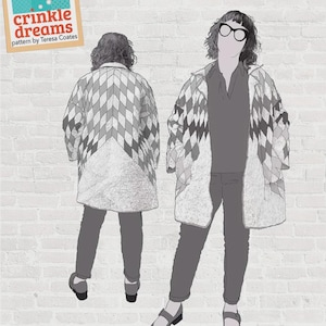 May include: Illustration of two figures wearing quilted coats with geometric patterns. The image includes text that reads "Lone Star Quilted Elements" and "crinkle dreams pattern by Teresa Coates." The text also states, "Create a quilt coat without making a whole quilt."