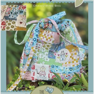 May include: A patchwork drawstring bag with floral and geometric patterns in blue, green, pink, and yellow. The bag features the text "Little Bitty Boho" and "Drawstring Bag". The Birdhouse Patchwork Designs logo is at the bottom.