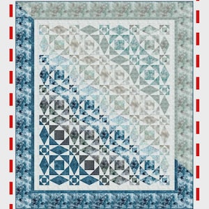 May include: A quilt titled High Tide featuring McKenna Ryan’s Sea Salt for Hoffman fabric. The design displays a geometric pattern in shades of blue, teal, and white, with dimensions listed as Throw 55.5 by 64.5 inches and Queen 88.5 by 103.5 inches.