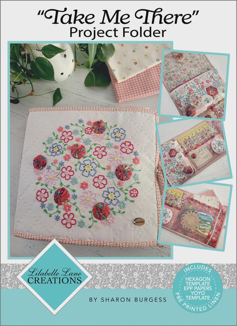 Pode incluir: Uma pasta de projetos com o texto "Take Me There" e bordado floral. A pasta inclui modelos e linho pr&eacute;-impresso. O design apresenta um padr&atilde;o floral com detalhes em vermelho, rosa e azul.